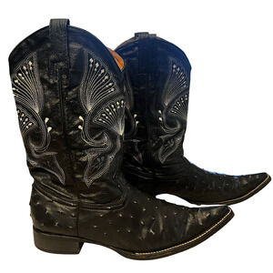 Old Corral Boots Mens Size 11 Black Ostrich Print Cowboy Embroidered Snip Toe